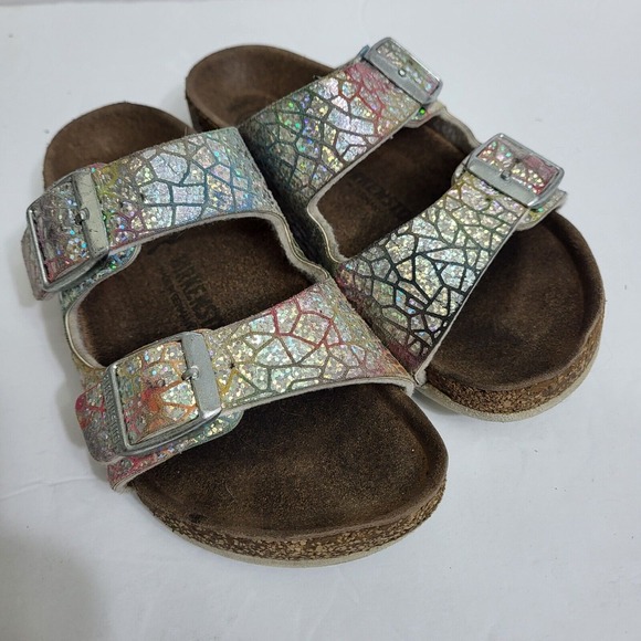 Birkenstock Arizona Vegan Hologram Silver Birkoflor Kids Girls 12 N 30 Narrow - Picture 1 of 6